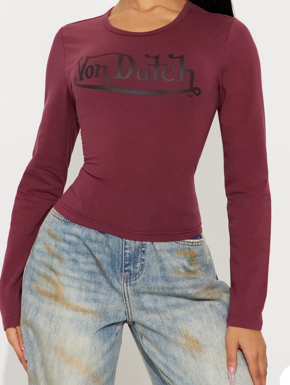 Von Dutch Burgundy Long Sleeve Crewneck Top